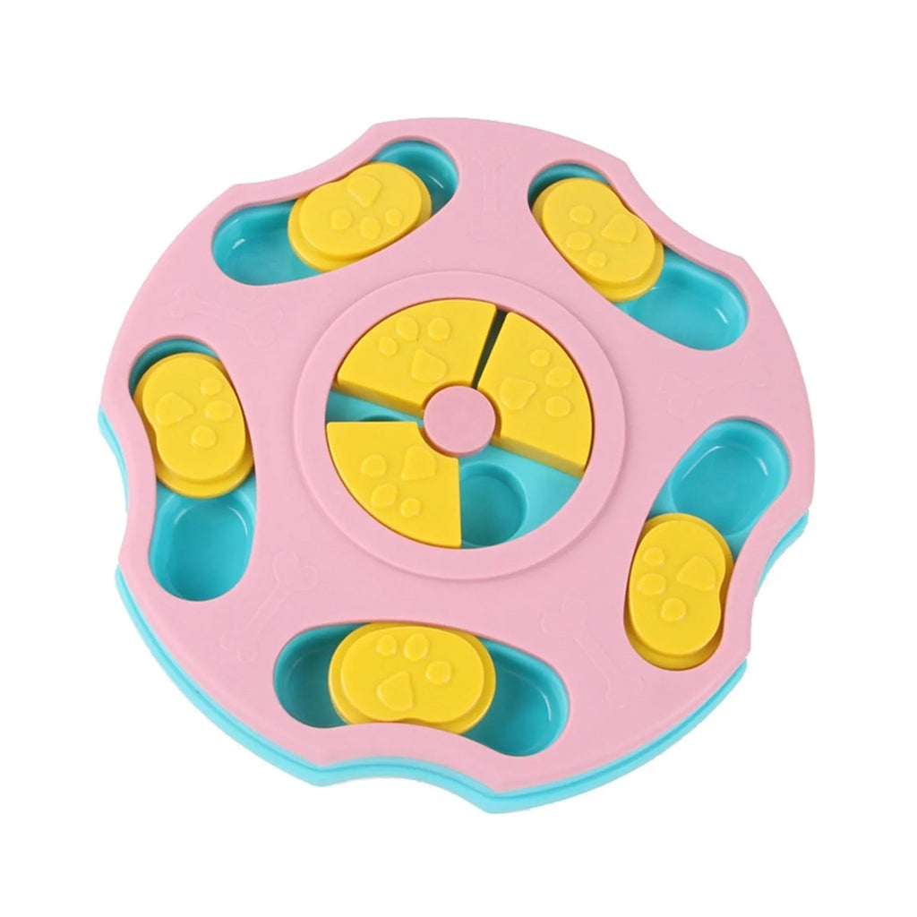 Blue plastic dog puzzle feeder toy with interactive food searching compartments for aggressive chewers