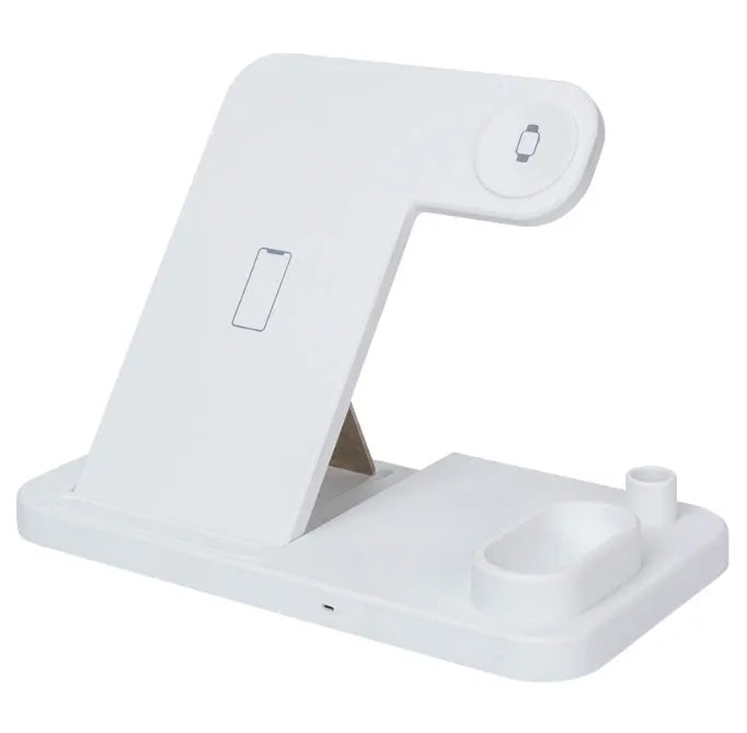 White 4-in-1 wireless charging station with phone on adjustable stand, Apple Watch, AirPods and Apple Pencil charging.