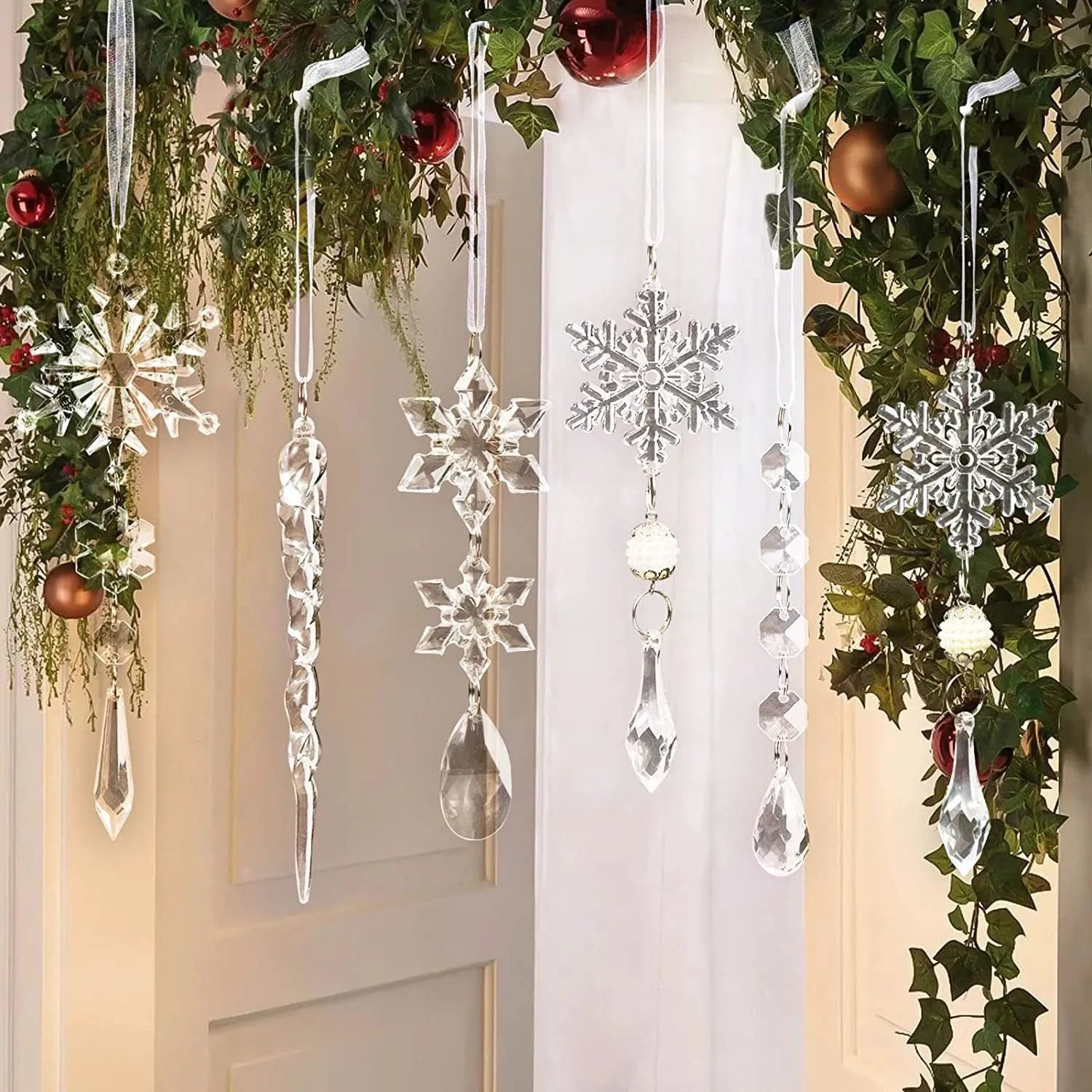 10 clear acrylic Christmas tree hanging ornaments with ribbons for indoor outdoor decoration