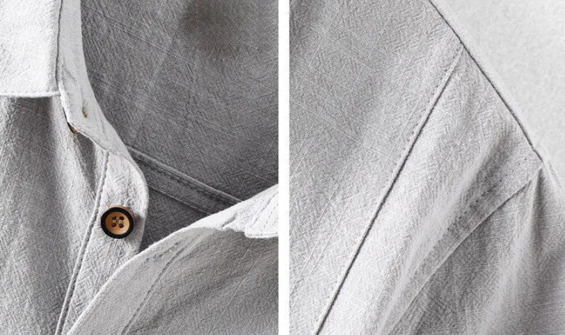 Men's loose fit linen casual shirt in a solid colour, shown in a light gray option.