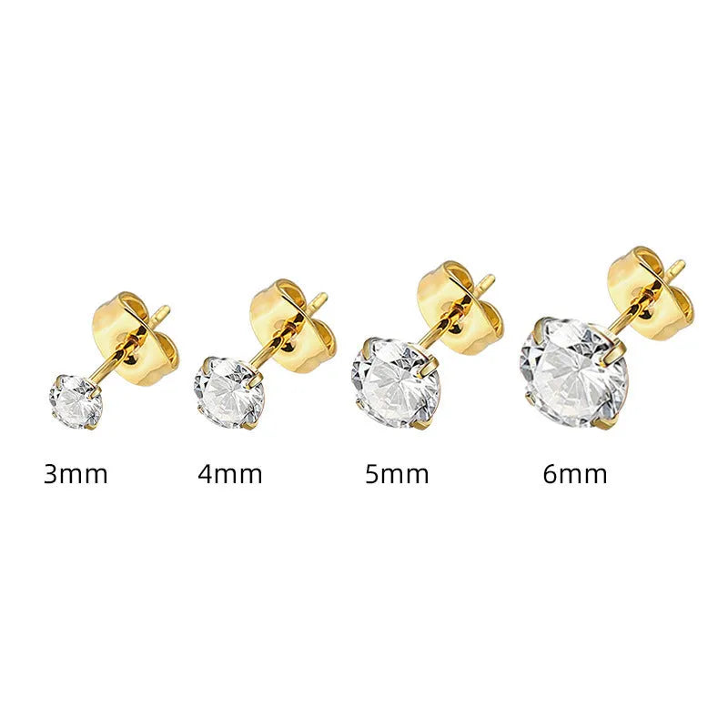 Geometric square stainless steel stud earrings with round zircon stones in gold and steel colour finishes