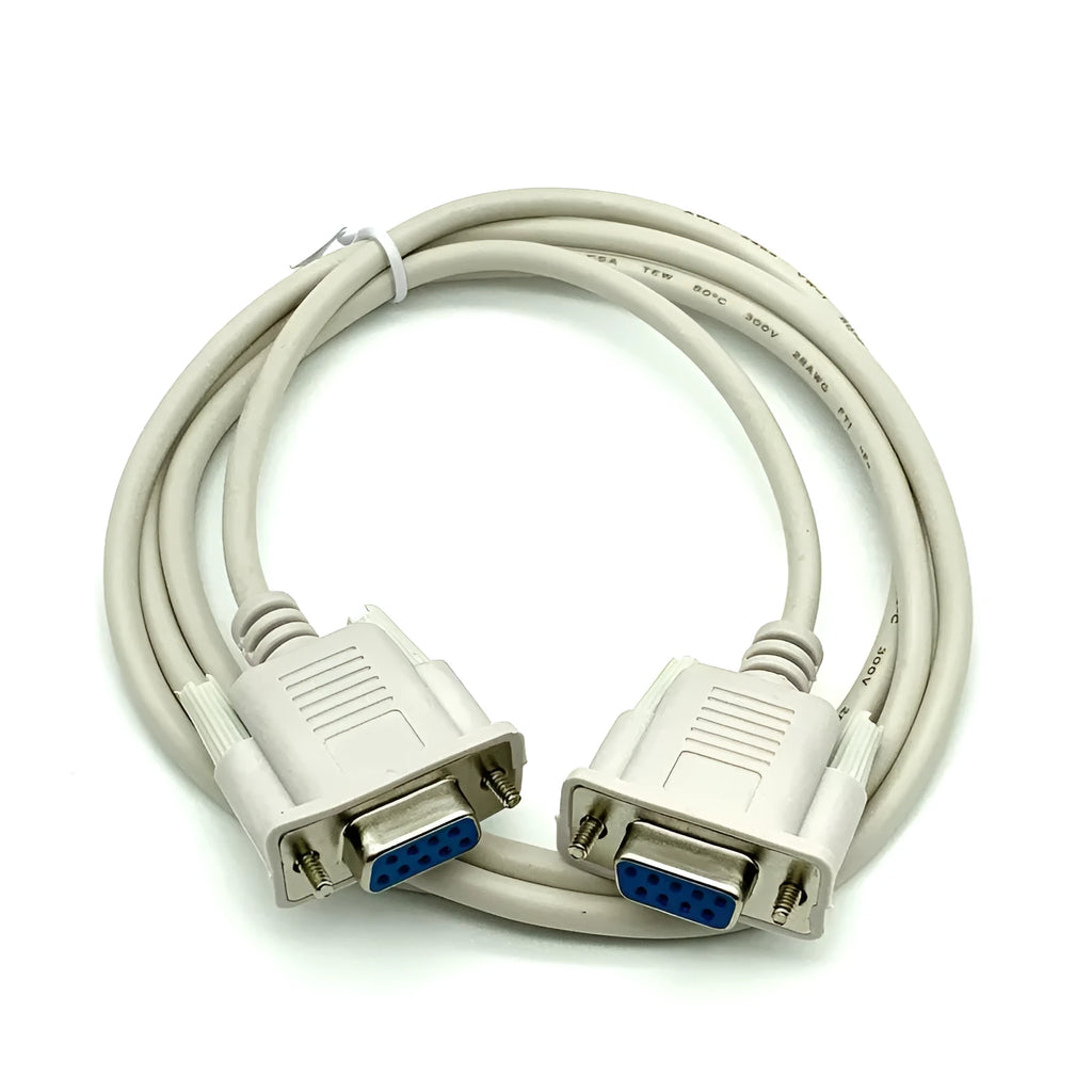 Milky white DB9 female to female serial cable with cross connection wiring, 1.5 metres long