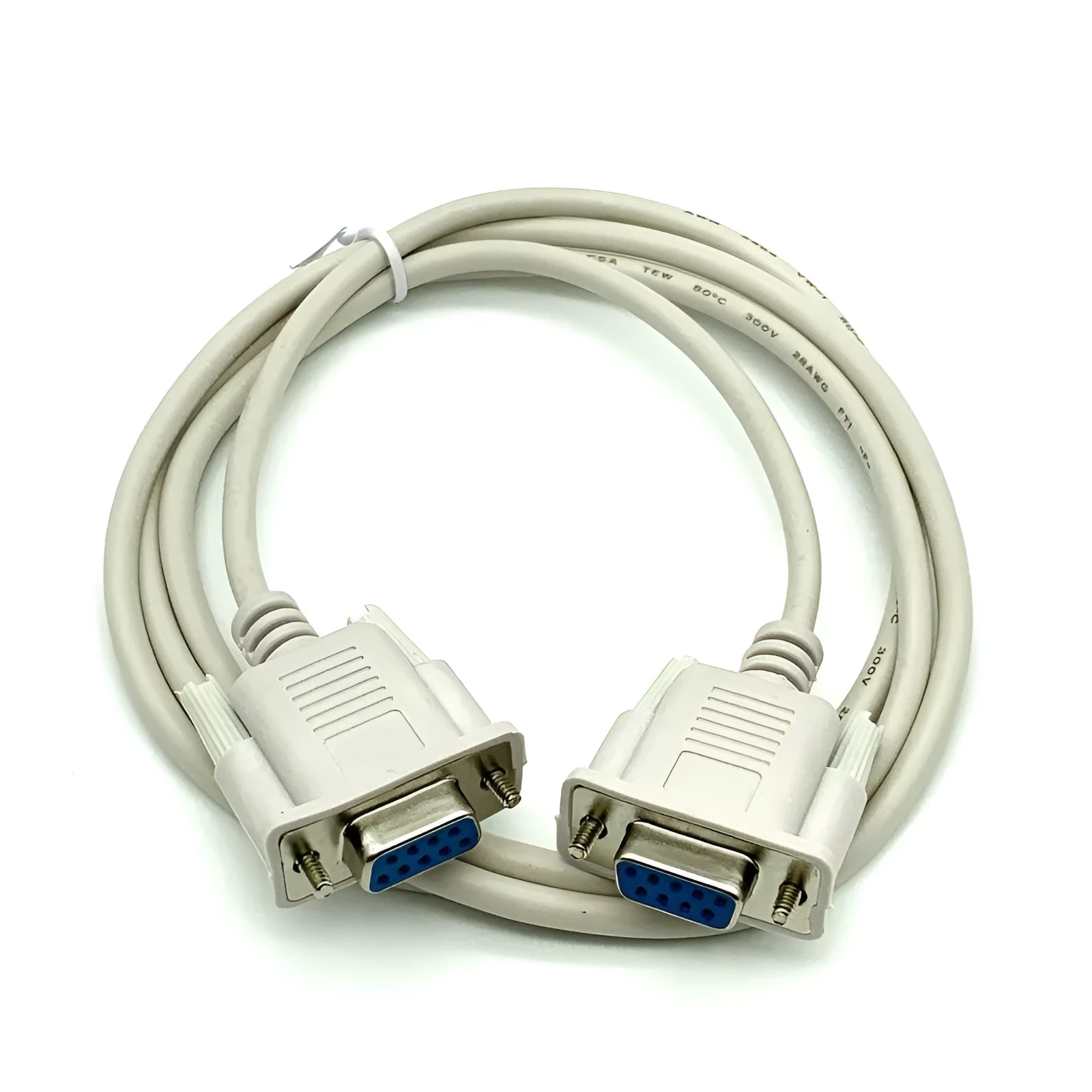 Milky white DB9 female to female serial cable with cross connection wiring, 1.5 metres long