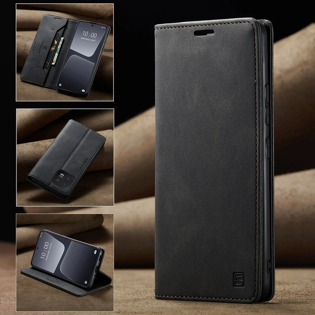 Silicone flip phone case with frosted vintage leather finish for Xiaomi 14 in black