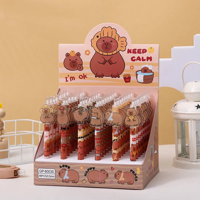 48 cartoon bear gel pens with plastic shells and carbon black ink in bulk packaging