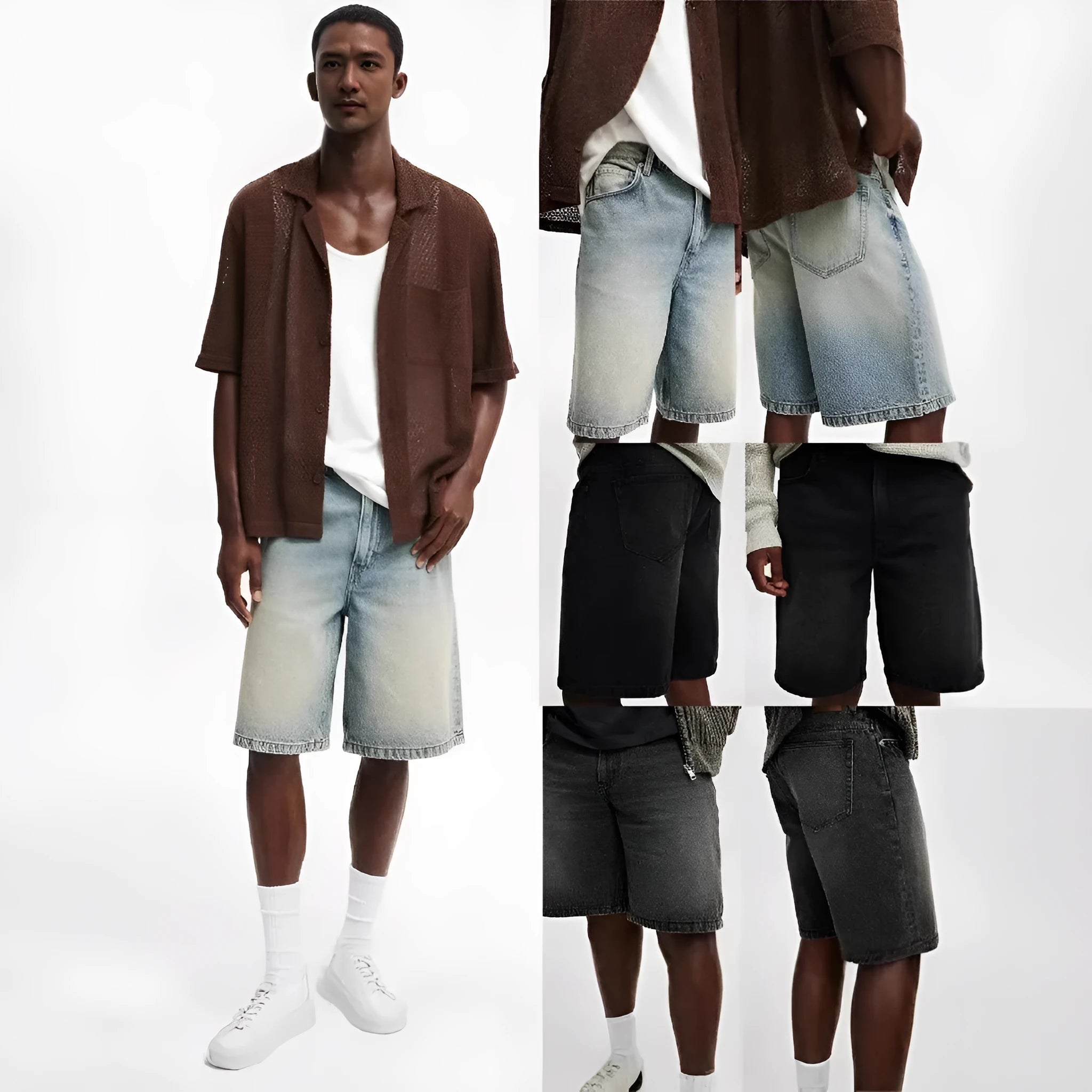 Man wearing loose light blue straight leg cotton jeans on a casual street.