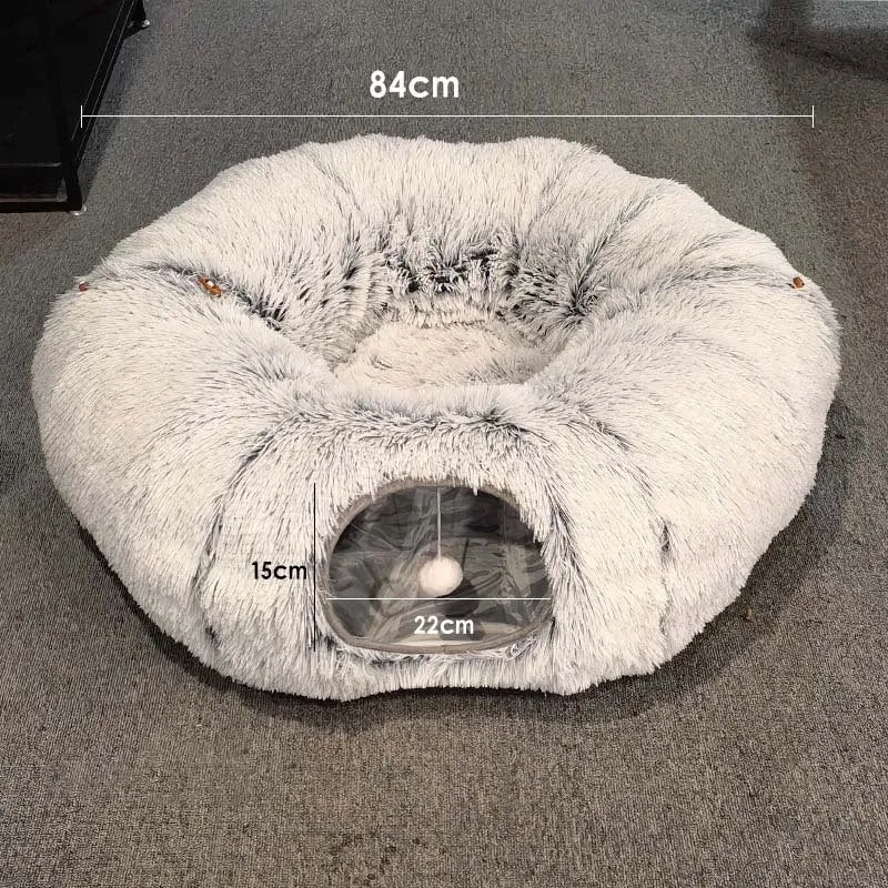 Plush collapsible cat bed with tunnel, non-slip base, and removable washable cushion for indoor pets