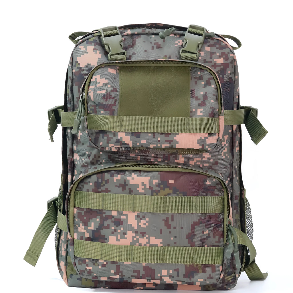 Men's camouflage outdoor waterproof backpack with expansion feature and air pillow belt
