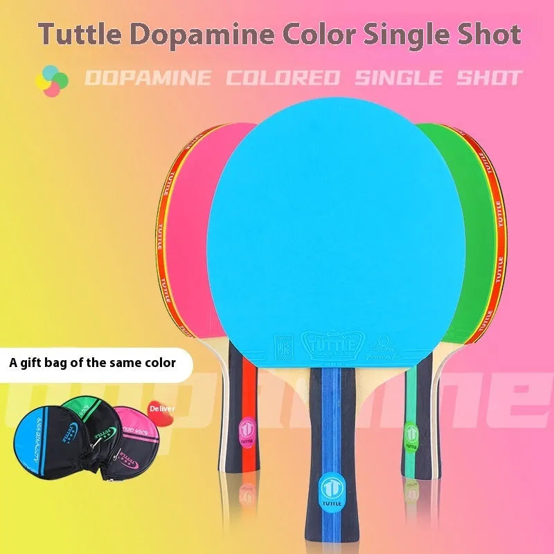 Colourful pure wood table tennis racket with a long handle for shakehand grip, shown with its matching protective cover bag.