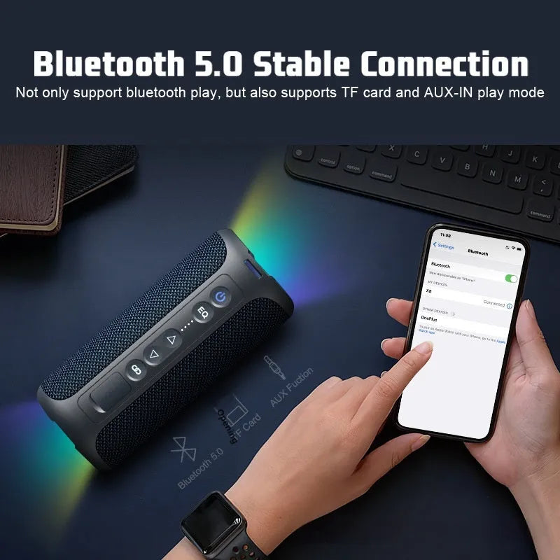 Black and blue fabric portable Bluetooth speaker with LED lights, 40W power.
