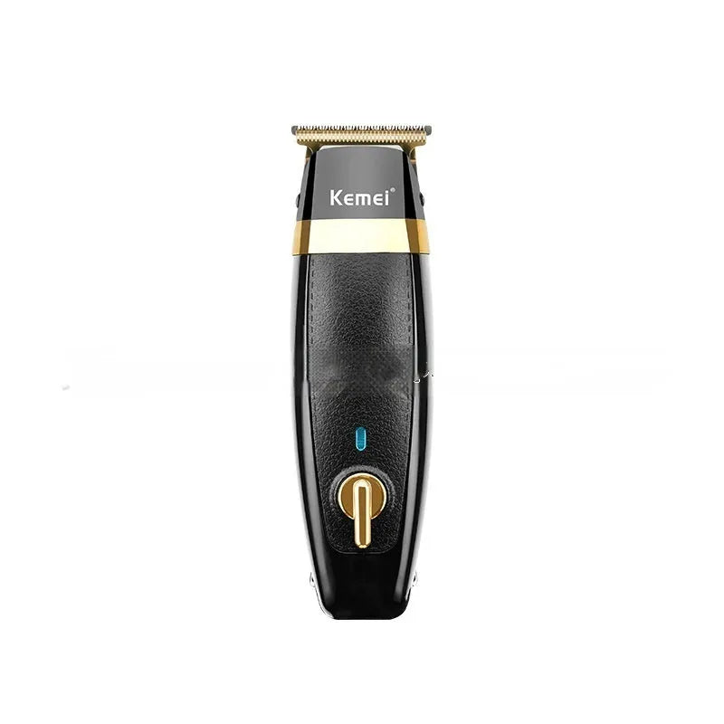 KM1834 rechargeable electric hair clipper with five limit combs, USB cable, lubricant, and brush on a table