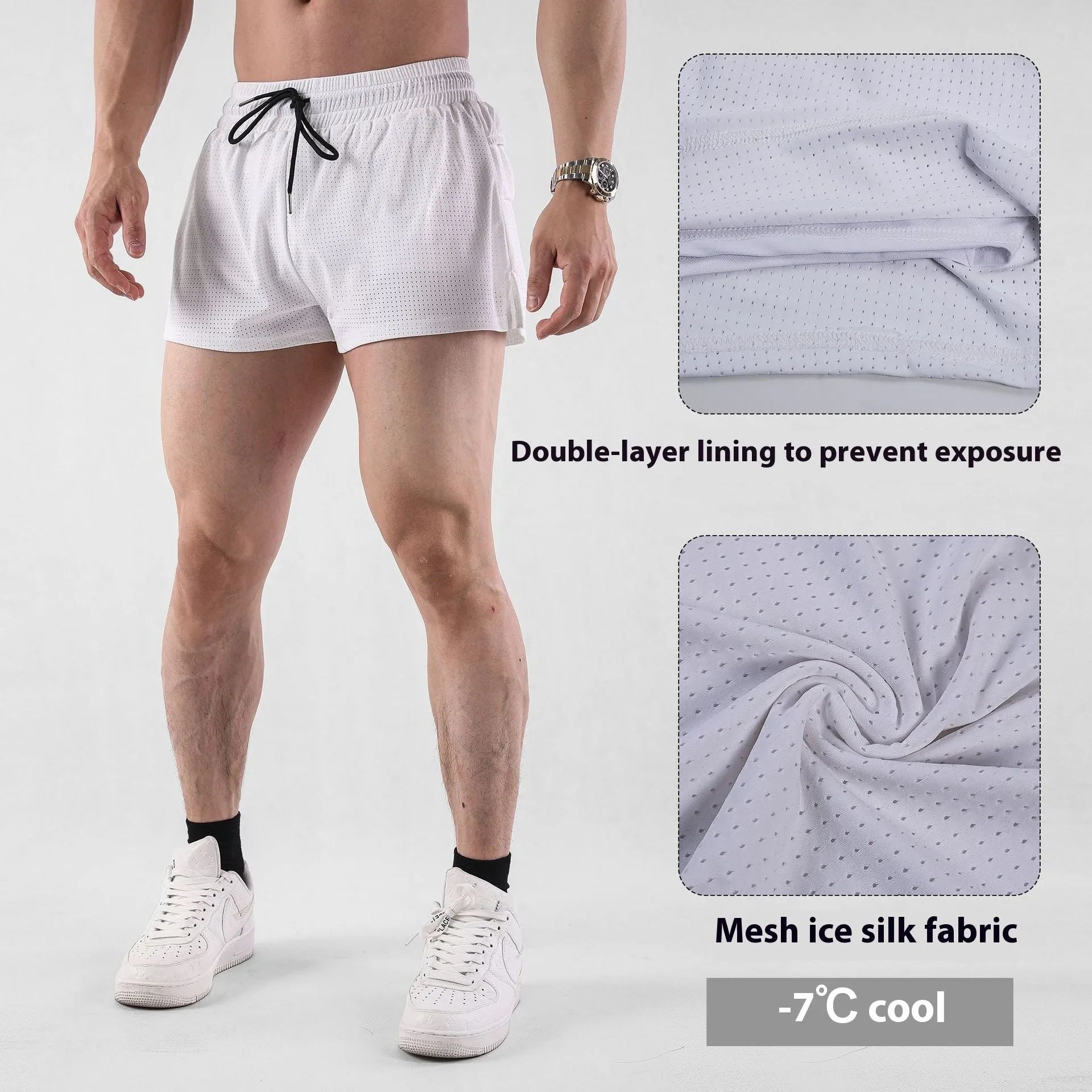 Men's black and white quick-dry nylon shorts for summer sports.
