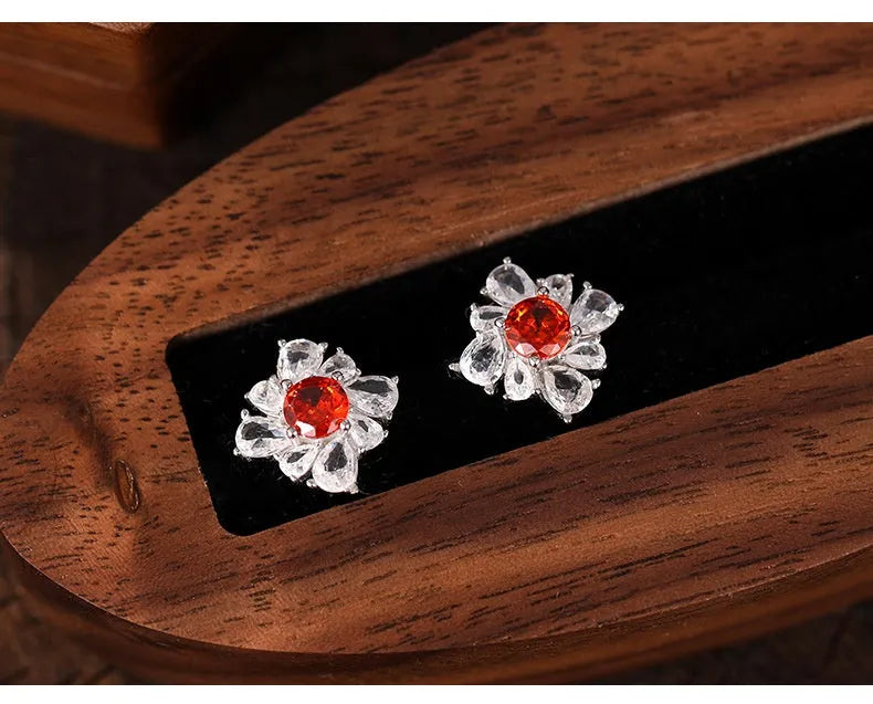 Retro geometric 925 silver earrings with white gold electroplating and pigeon red accents