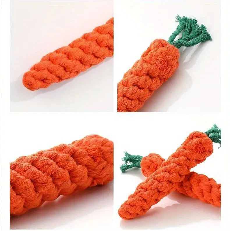 Carrot-shaped cotton rope pet chew toy for small dogs, featuring knot design for interactive play and teeth cleaning