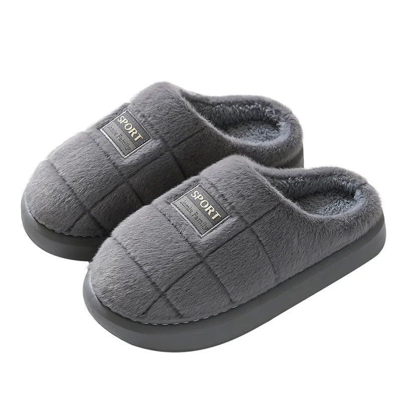 Men's brown and grey plaid cotton slippers with wool lining and a thick EVA sole.