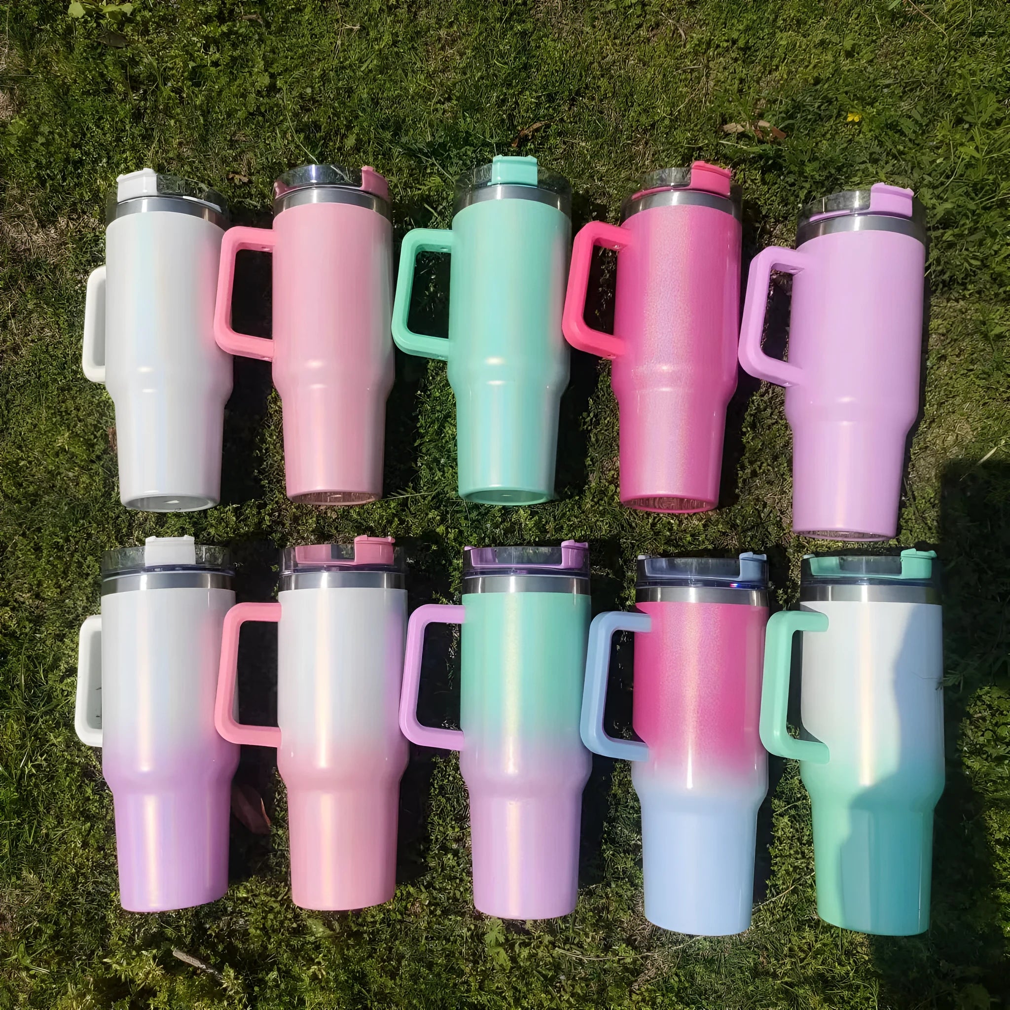 Stainless steel vacuum insulation cup in rainbow gradient colours showing double-layer construction