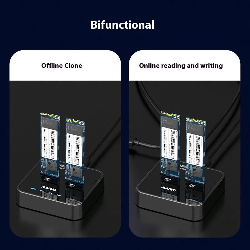 MAIWO K3016 M.2 SSD cloning dock with data cables and power adapter on a desk.