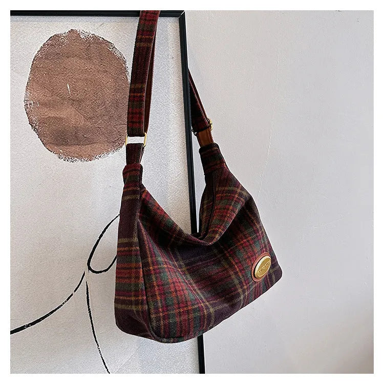Women's large capacity woolen shoulder bag in horizontal square shape with crossbody strap
