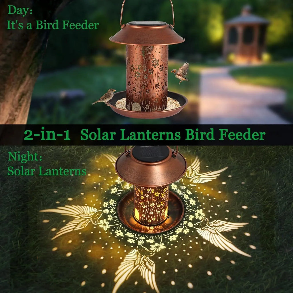 Solar-powered iron art bird feeder with hummingbird design and waterproof IP65 rating for garden placement