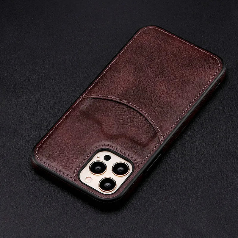 Dark blue PU leather protective case for an iPhone, shown from the back.
