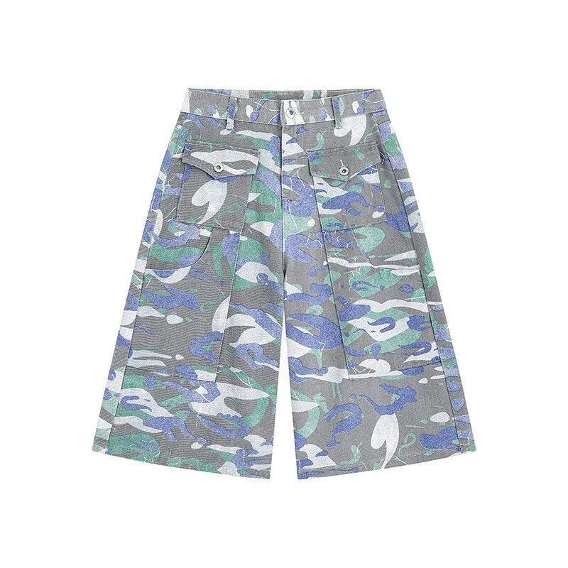 Camouflage print straight-leg cotton cropped trousers with zipper fly closure