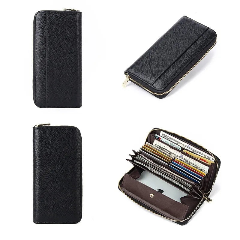 Long genuine leather women's wallet in solid colour with anti-theft card swiping feature