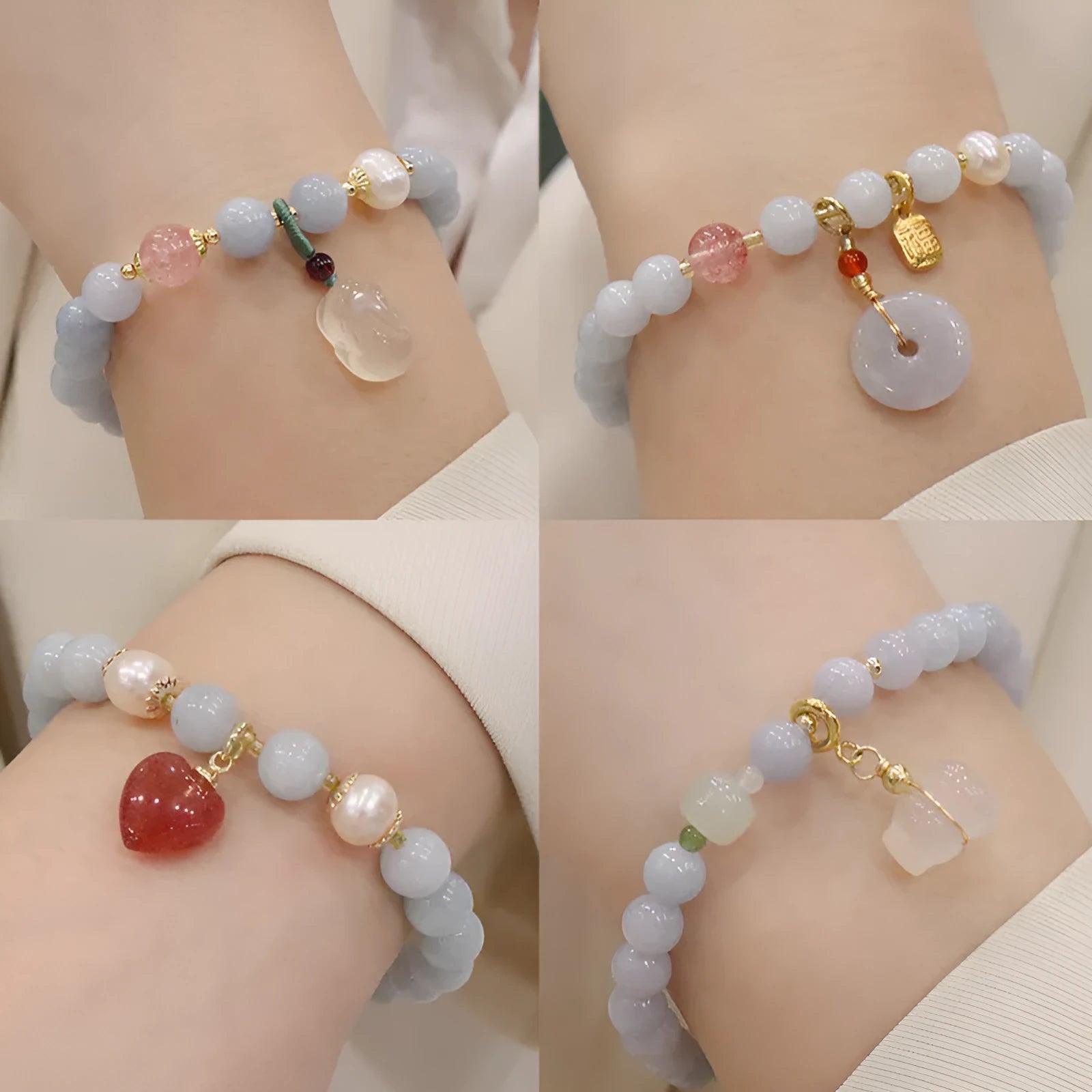 Gold plated bracelet with a detailed artificial crystal charm pendant on a woman's wrist.