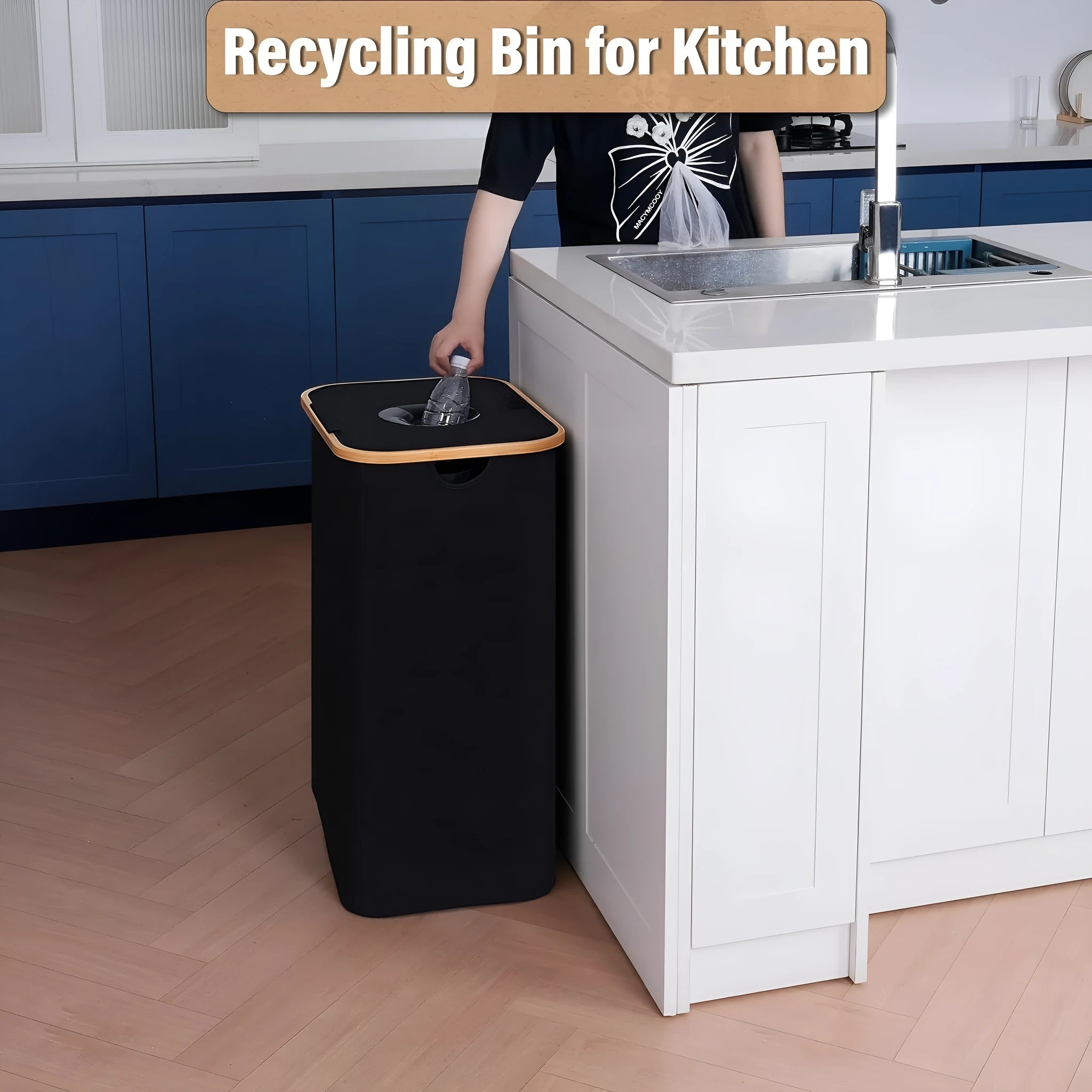 Black bamboo storage basket with removable lid showing double inner pocket organisation system