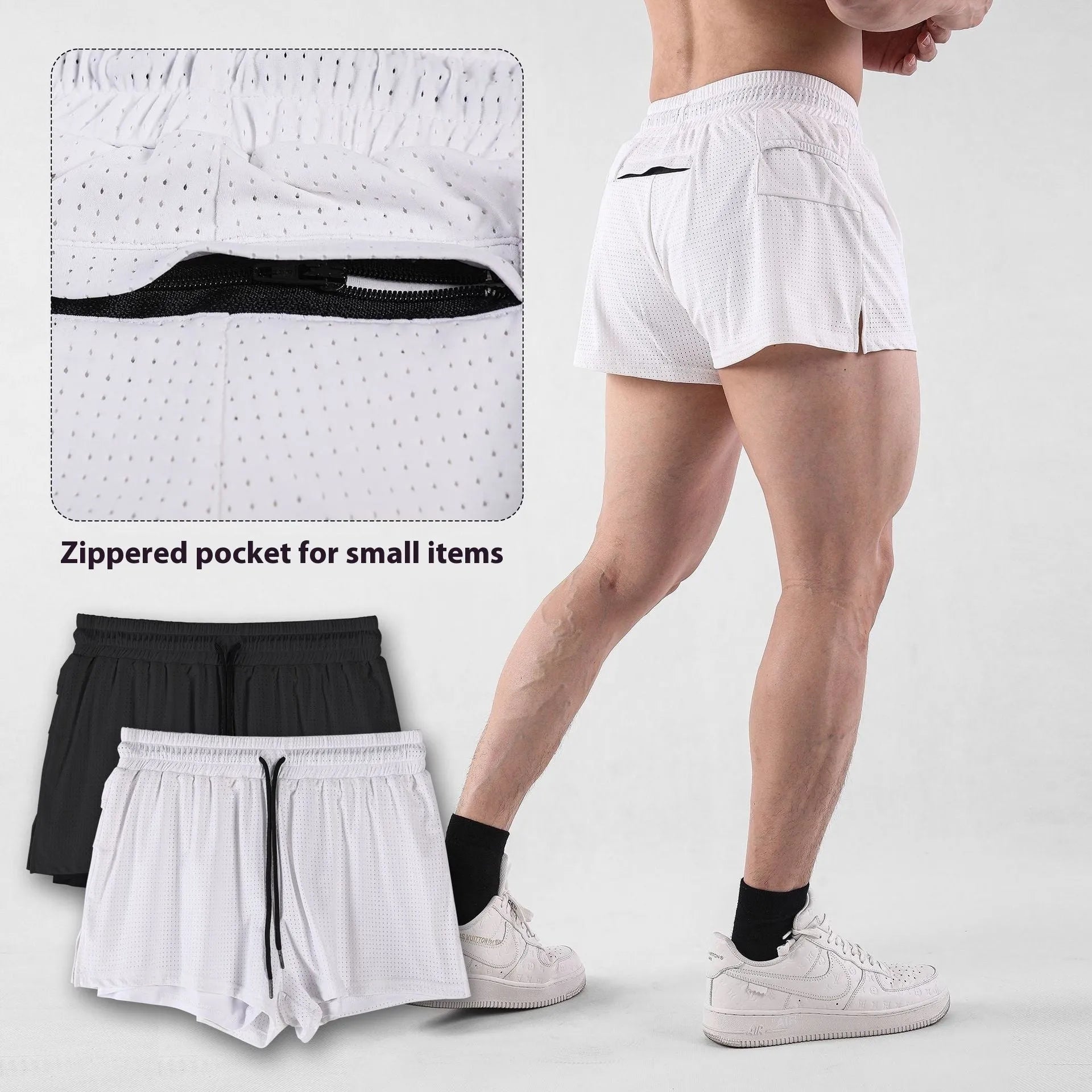 Men's black and white quick-dry nylon shorts for summer sports.