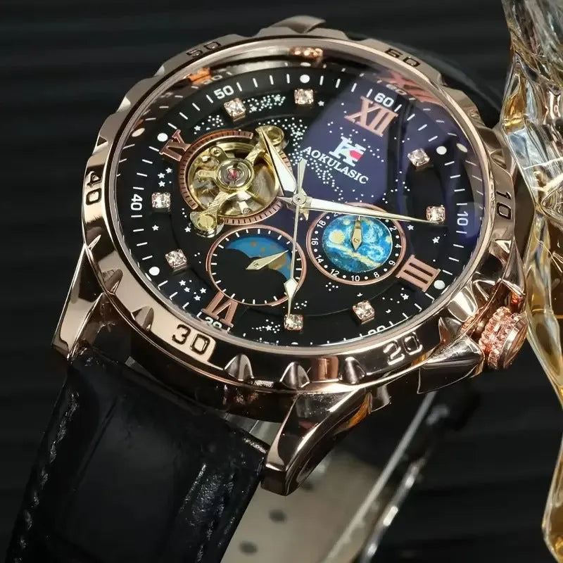 Men's black and rose gold automatic skeleton watch on a leather strap