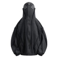 Black men's loose-fit padded cotton hooded cardigan coat with zip front and abstract pattern.