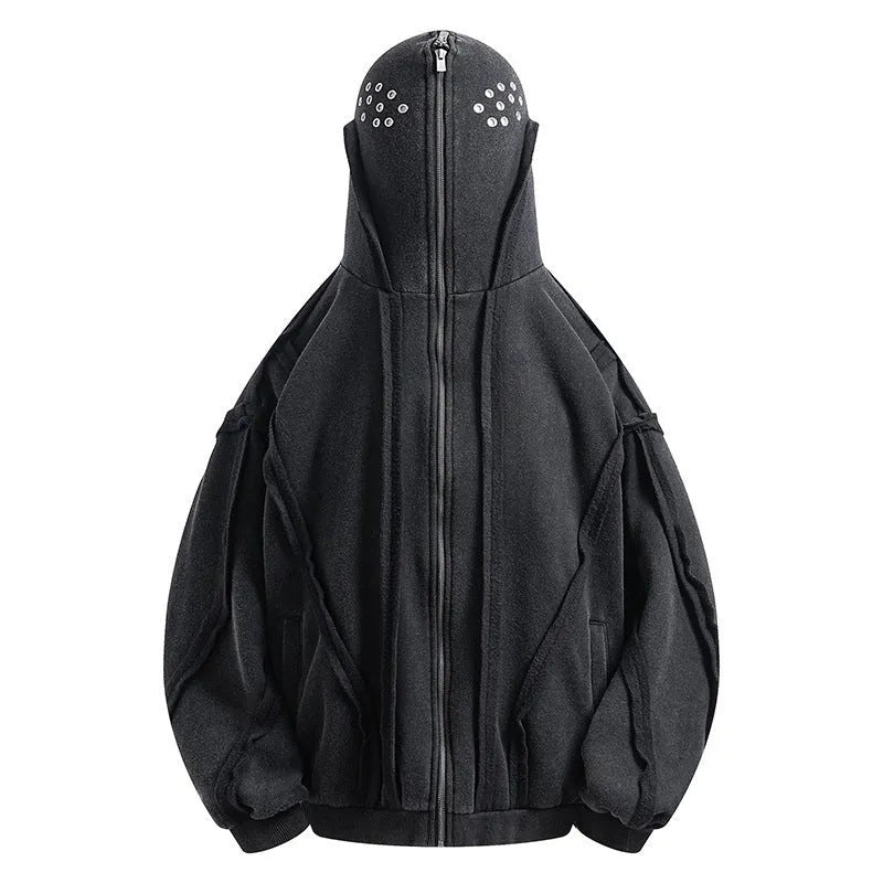 Black men's loose-fit padded cotton hooded cardigan coat with zip front and abstract pattern.