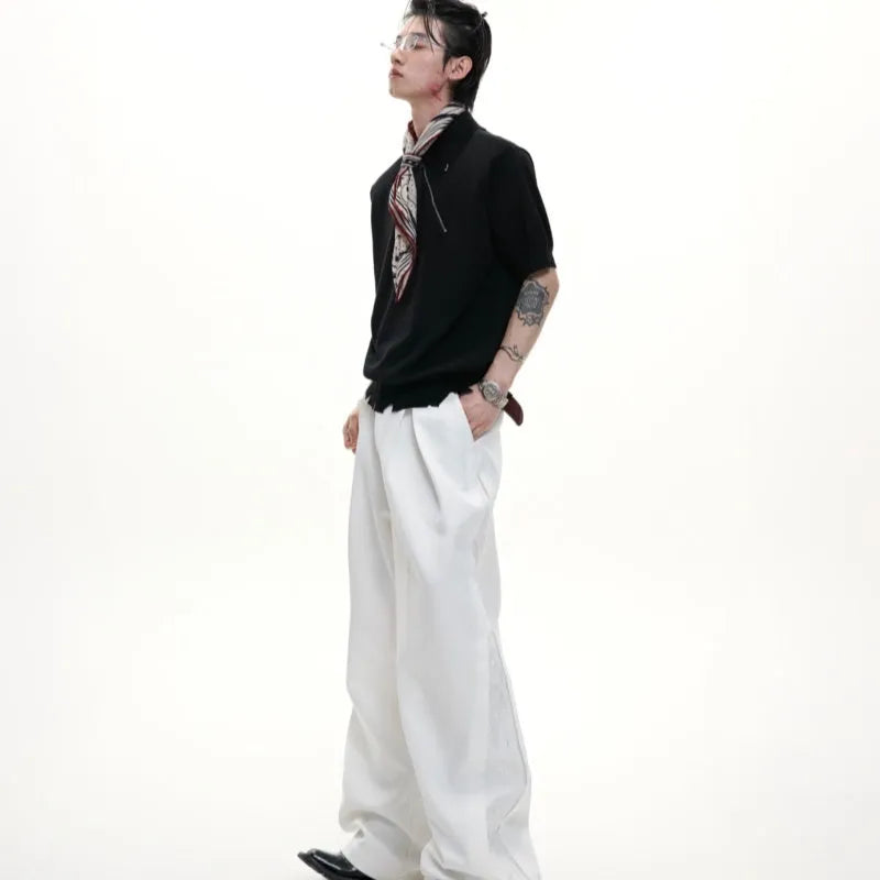 Men's slim-fit knitted polo shirt with oblique zipper lapel collar in black, grey or white