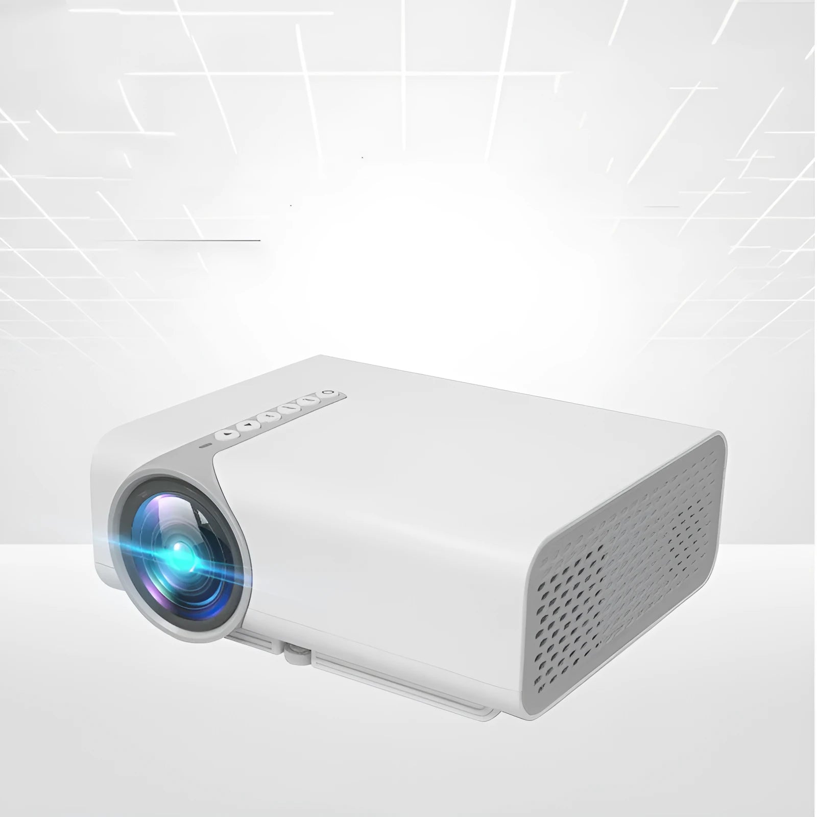 Black portable HD projector with LED lens on a table showing a movie projected on a wall