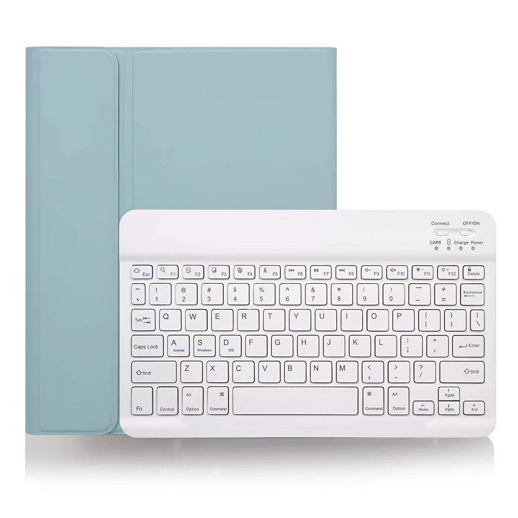 External Bluetooth keyboard stored inside its split leather protective case, with charging cable.