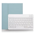 External Bluetooth keyboard stored inside its split leather protective case, with charging cable.