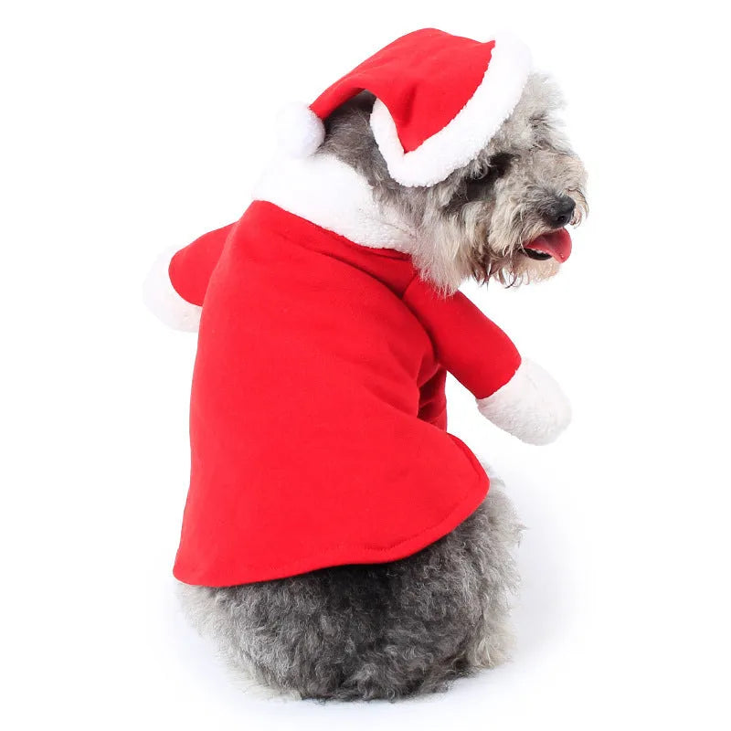 Red polar fleece Santa Claus costume for a small dog or cat, shown on a mannequin.