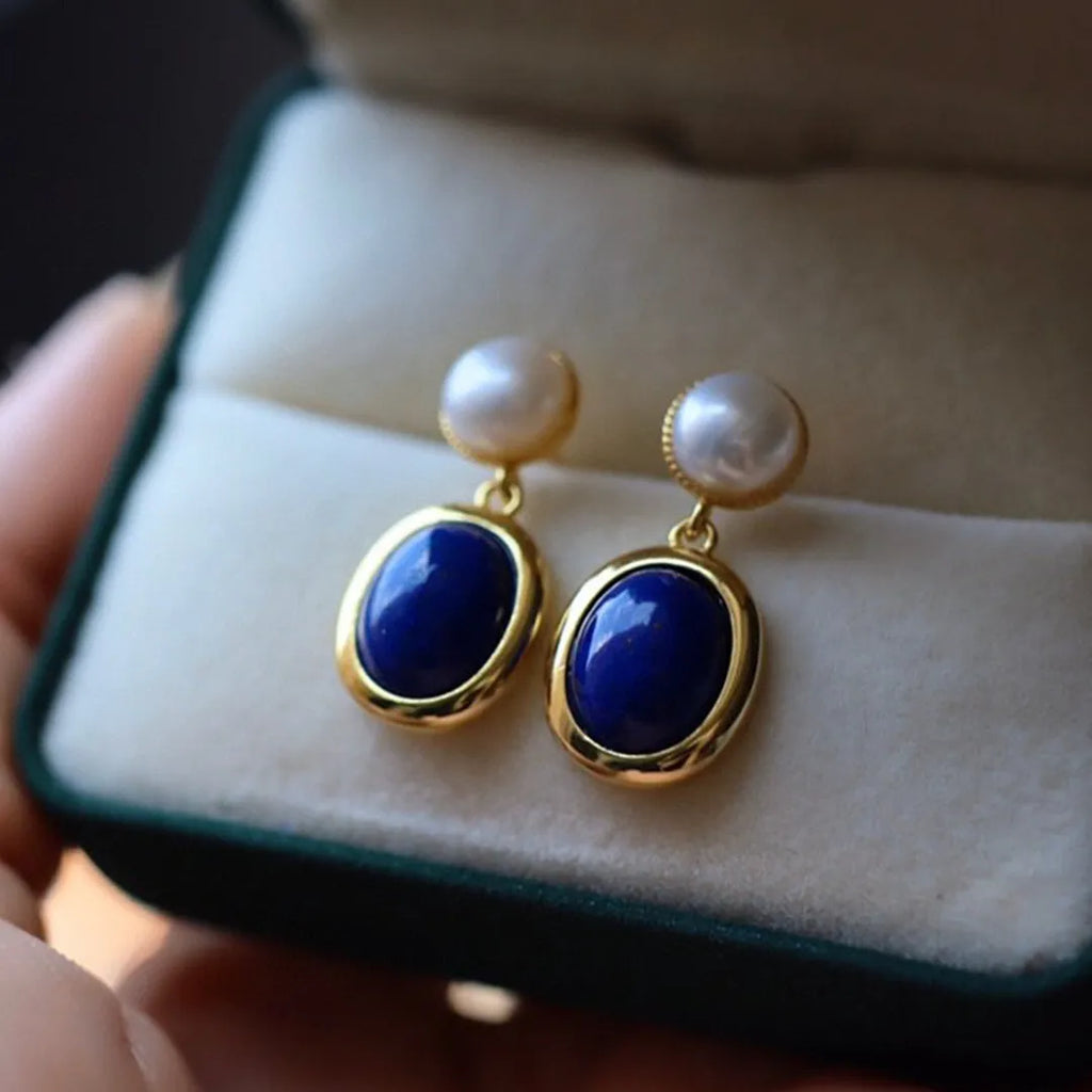 Natural lapis lazuli pearl earrings in 925 Sterling Silver with auspicious patterns
