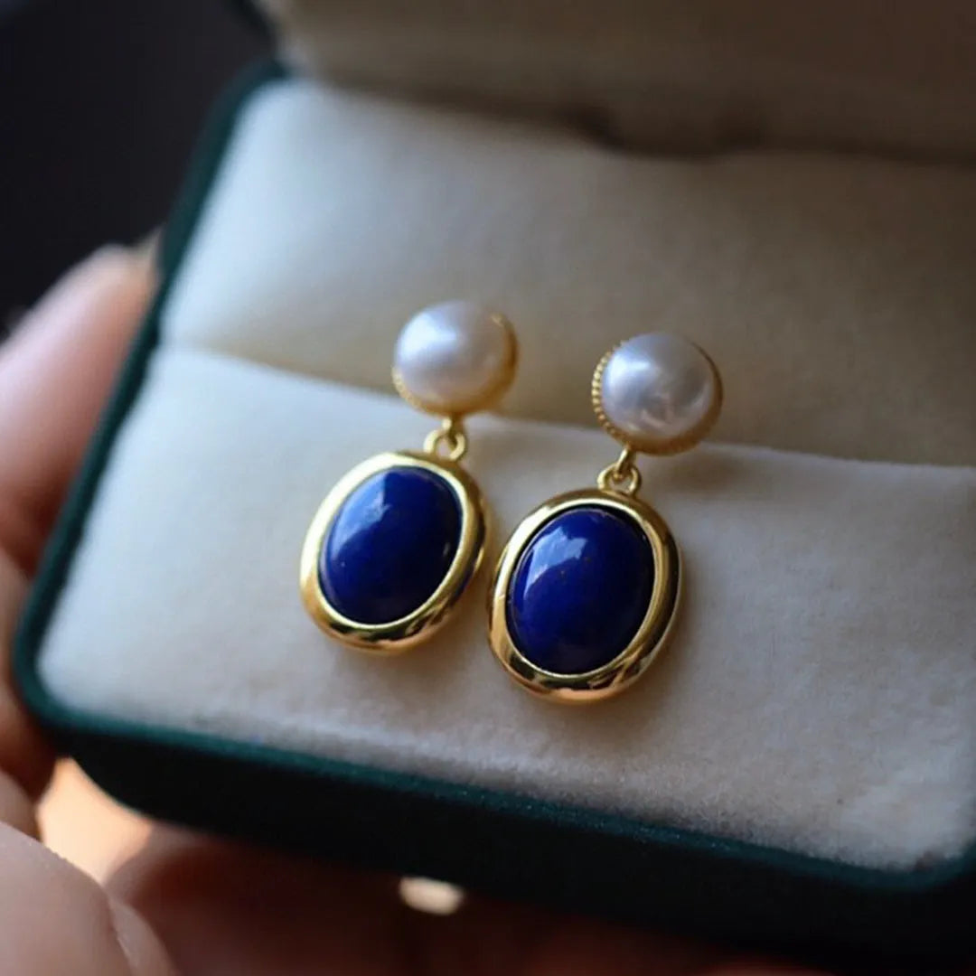 Natural lapis lazuli pearl earrings in 925 Sterling Silver with auspicious patterns