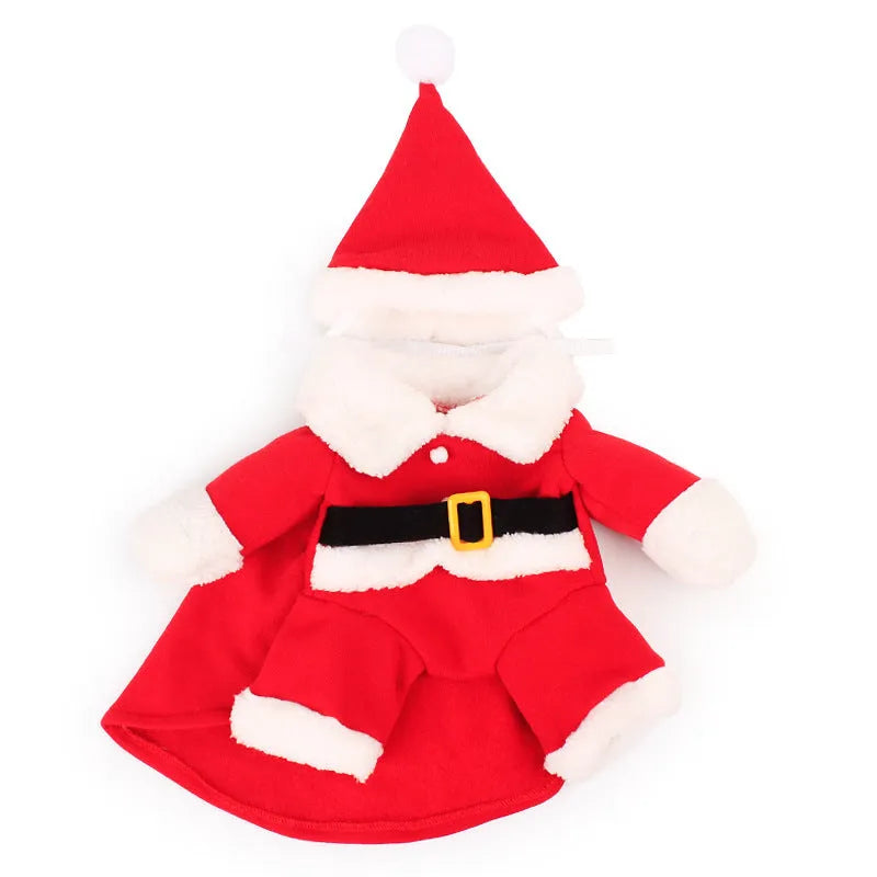 Red polar fleece Santa Claus costume for a small dog or cat, shown on a mannequin.