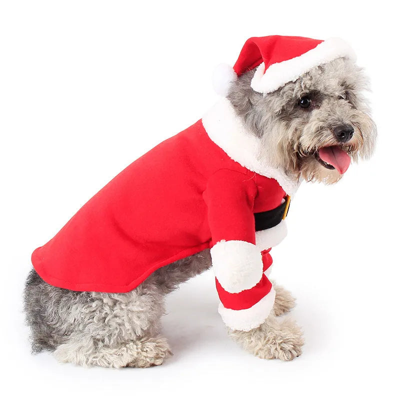 Red polar fleece Santa Claus costume for a small dog or cat, shown on a mannequin.