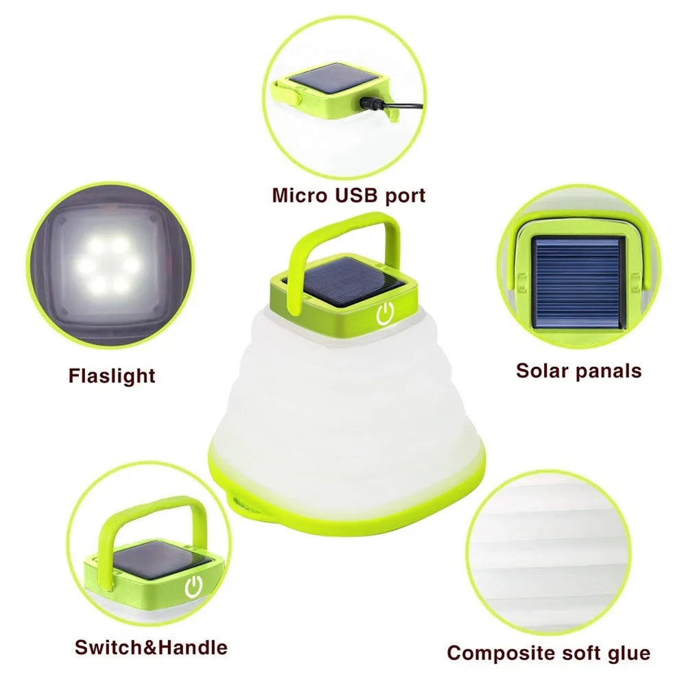 Collapsible IP68 waterproof solar camping light folded to 2.5cm thickness with USB charging port
