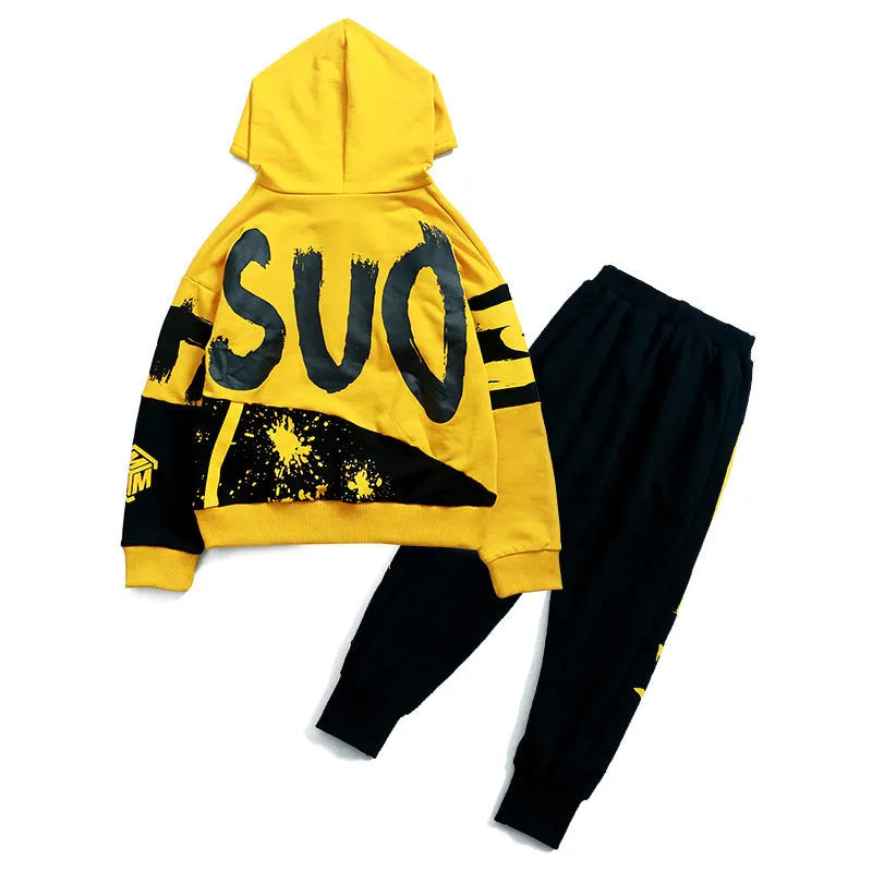 Boys' black and yellow hooded cotton tracksuit set with long sleeves and letter print.