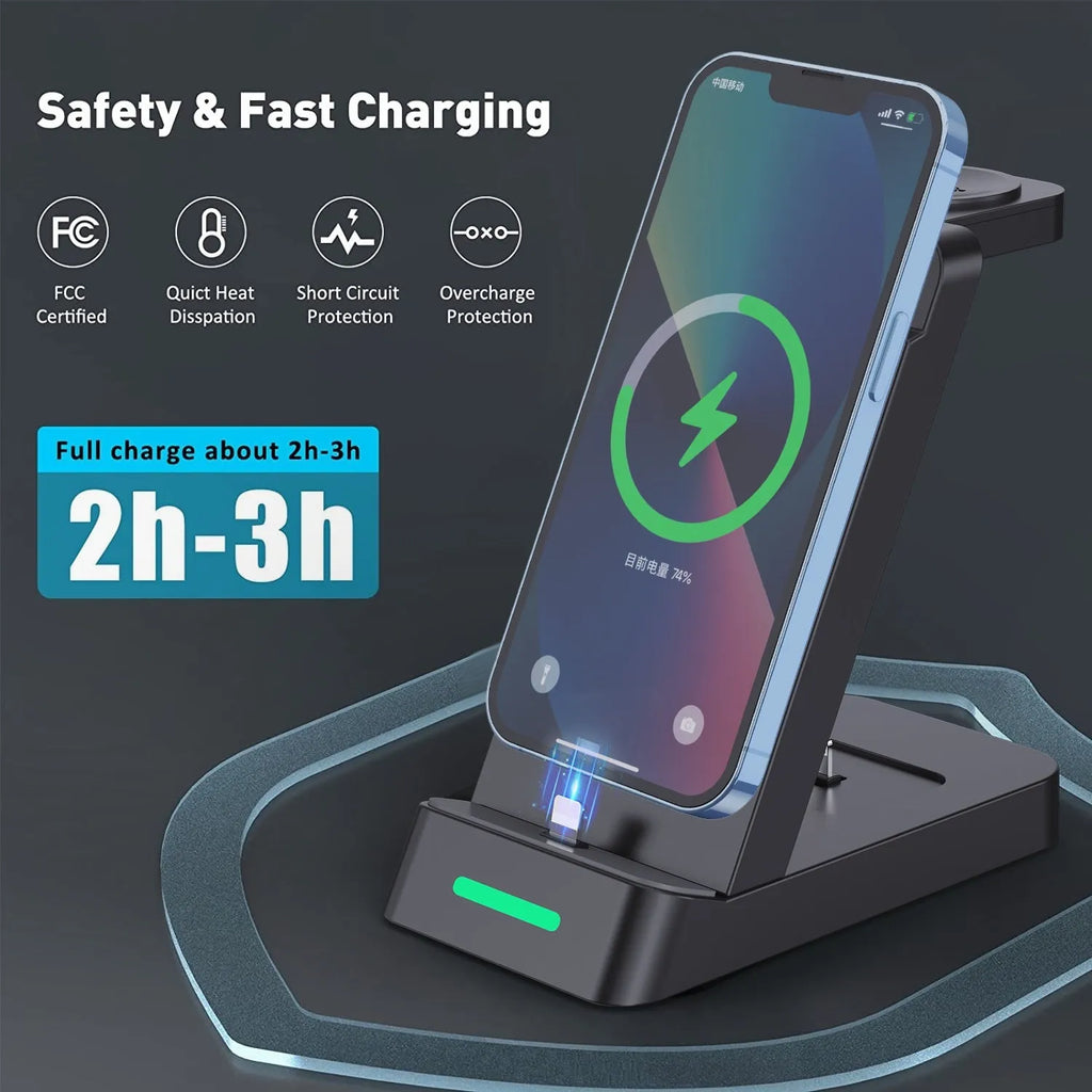 Black 3-in-1 wireless charging station showing a phone, AirPods case, and smartwatch charging on its stand.
