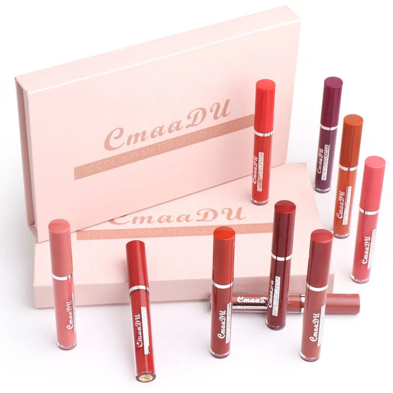 Set of 10 waterproof matte lipsticks in photo colour with 3g per stick and 36-month shelf life