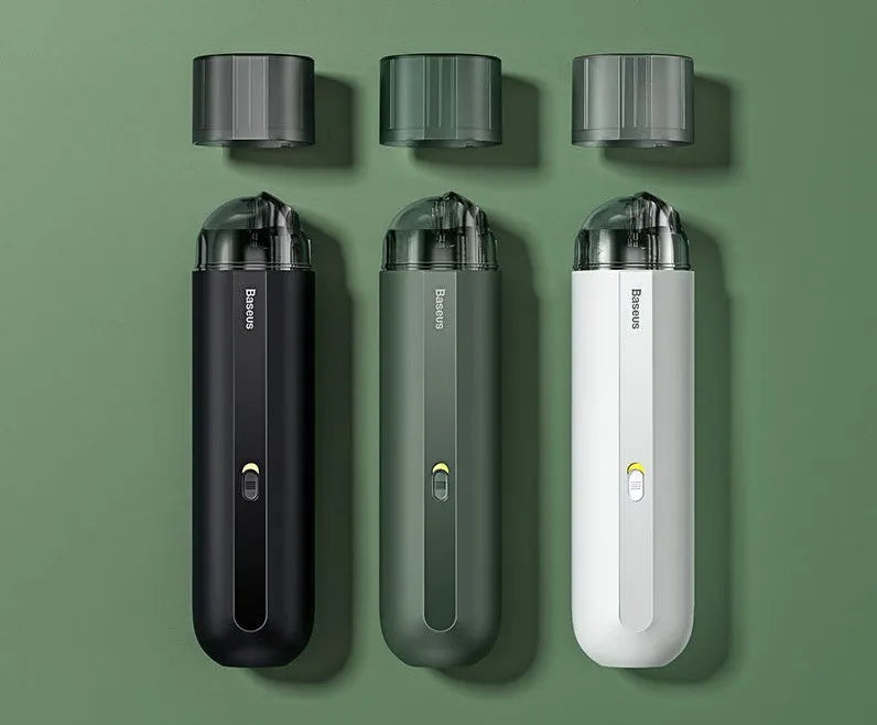 Baseus handheld car vacuum cleaner in black, white, or green next to a dust bin and blowing hose.