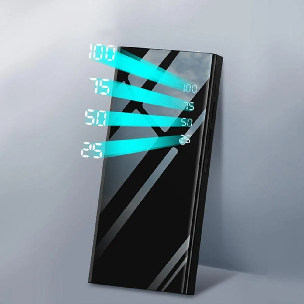 20000mAh power bank with LCD display showing battery percentage, dual USB ports, and LED light