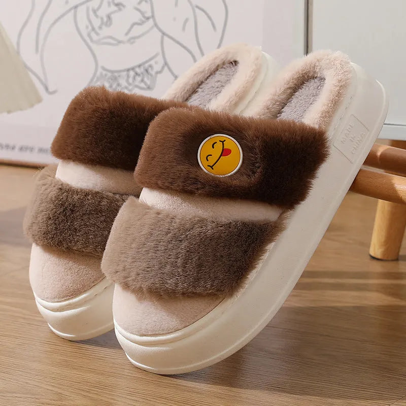 Pink and green cartoon thermal cotton slippers with plush upper and cashmere lining for winter