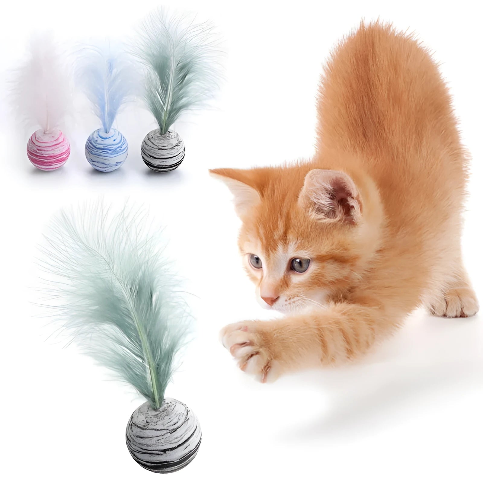 Star texture EVA foam cat ball with feathers in Black, Blue, and Pink colour options
