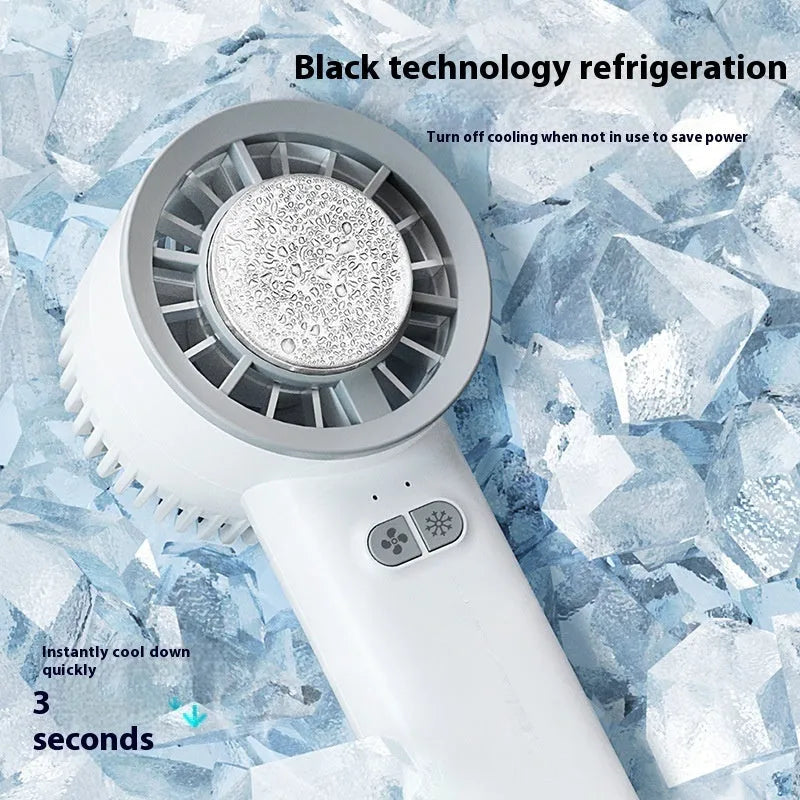 White handheld turbo jet fan with brushless motor and ice cooling function showing compact design